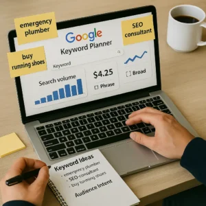 مسوّق يستخدم أداة مخطط الكلمات الرئيسية من جوجل لتحليل الكلمات المفتاحية، محاط بمصطلحات بحث ومؤشرات حجم البحث ونية الجمهور