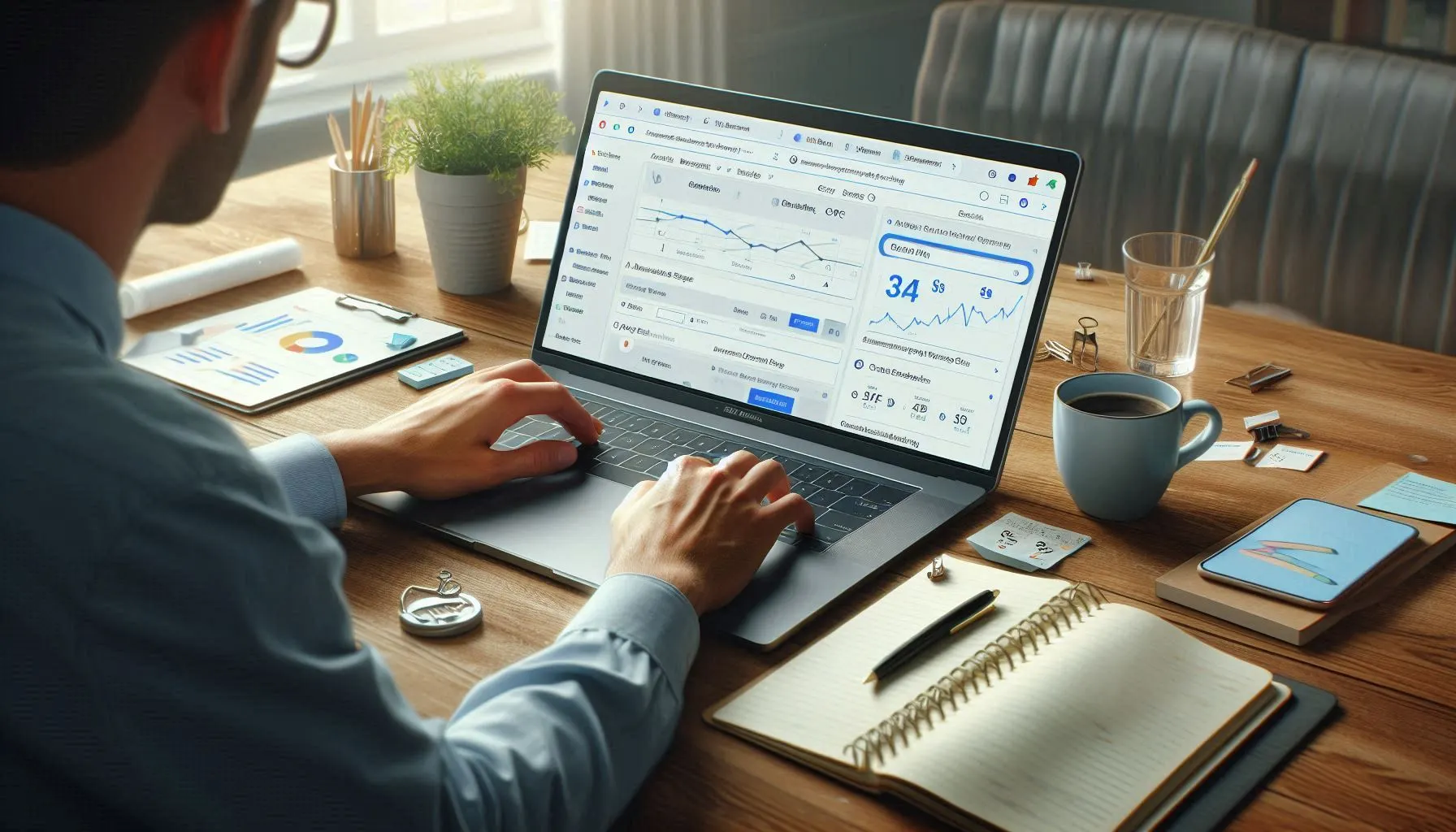 مسوّق رقمي يعمل على إدارة حملات إعلانات جوجل من خلال لوحة تحكم إعلانات جوجل تُظهر المقاييس والإحصائيات والأداء
