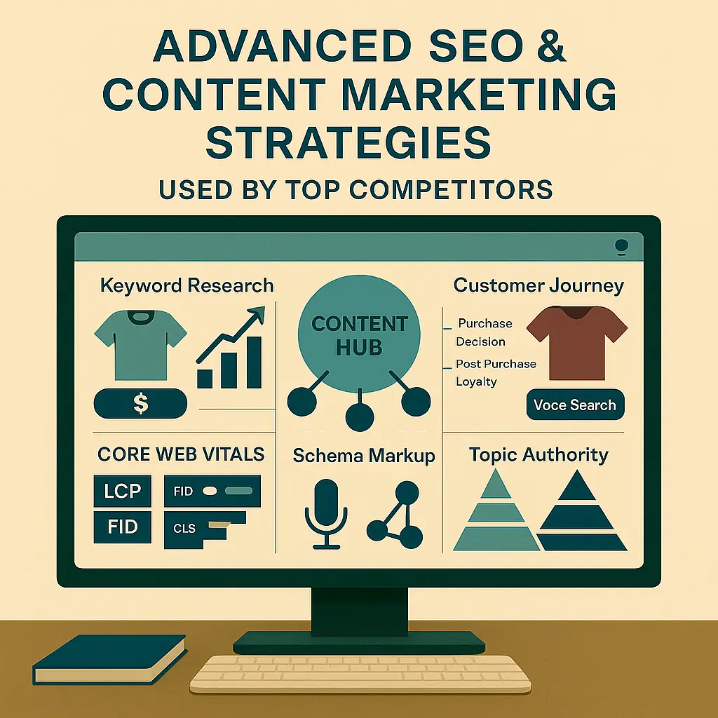  رسم إنفوجرافيك يوضح استراتيجيات SEO المتقدم التي يستخدمها المنافسون، بما في ذلك البحث المتعمق للكلمات المفتاحية، خريطة رحلة العميل، بناء مراكز محتوى، تحسين Core Web Vitals، وتحسين البحث الصوتي.
