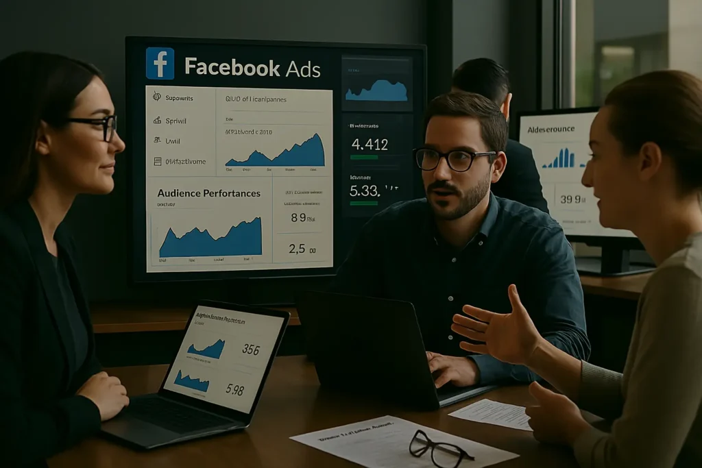 فريق خبراء إعلانات فيسبوك يعمل داخل مكتب تسويق رقمي حديث مع شاشات تعرض تحليلات الحملات واستهداف الجمهور لتحقيق أفضل النتائج.