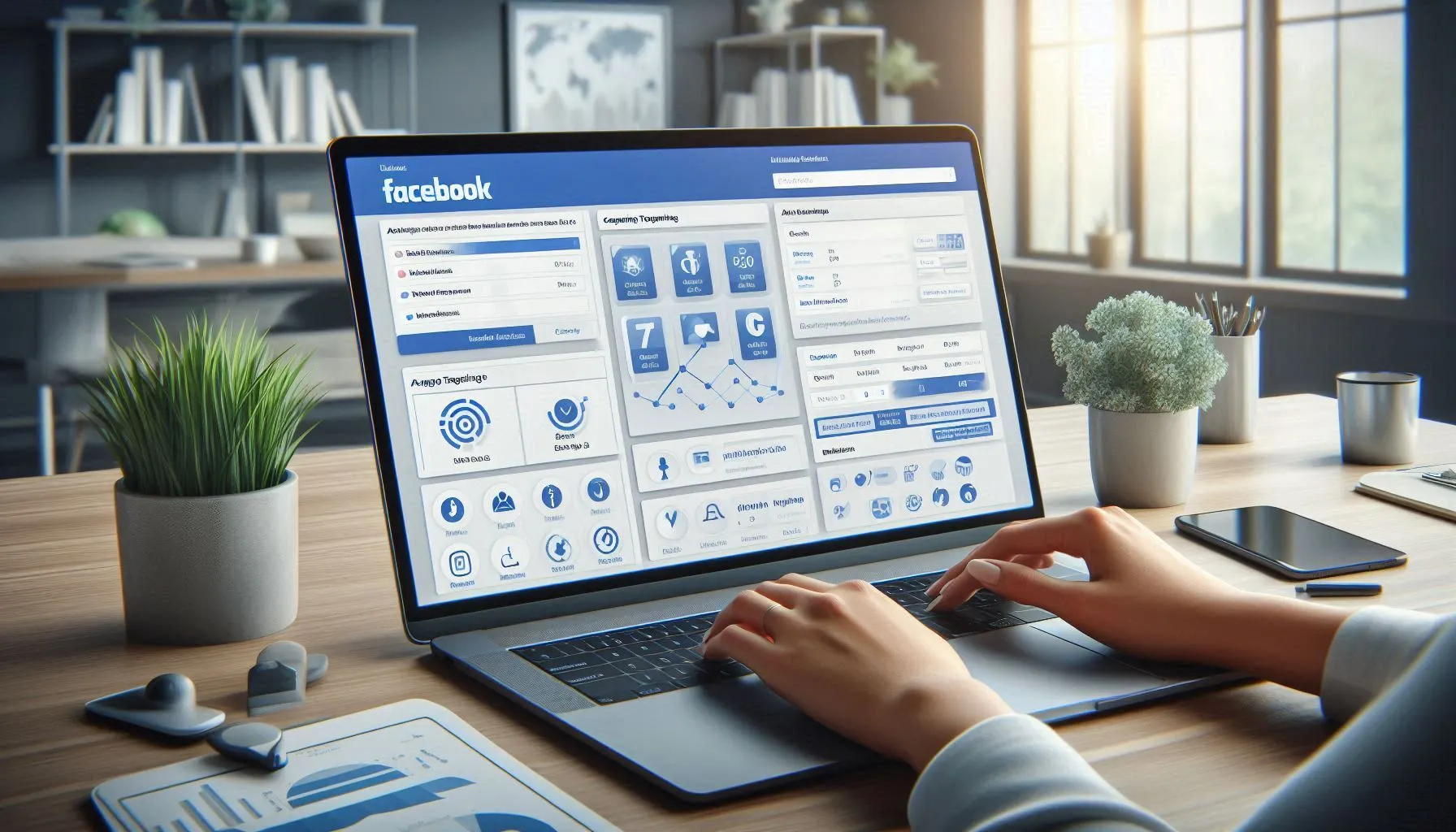 مسوق رقمي يقوم بتحليل بيانات حملة إعلانات فيسبوك على شاشة الكمبيوتر المحمول مع عرض استهداف الجمهور ومقاييس الأداء - مثالي لمحتوى تحسين محركات البحث حول إعلانات فيسبوك.