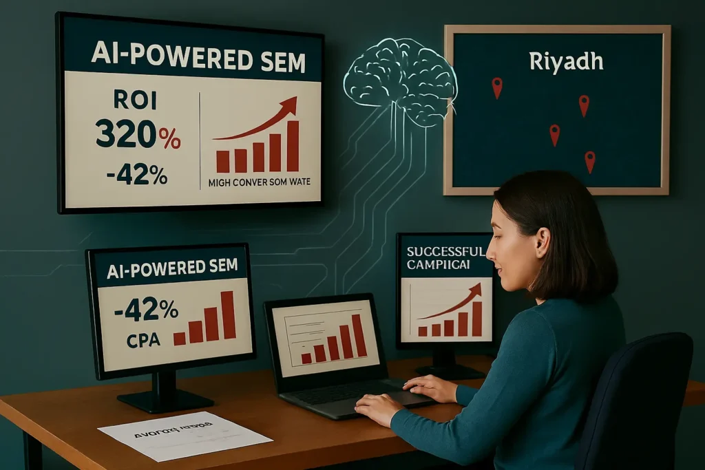 لوحة تحكم لحملة تسويق عبر محركات البحث مدعومة بالذكاء الاصطناعي، تُظهر مؤشرات نمو العائد، واستهداف سوق الرياض، وتحسين بيانات عربية وإنجليزية.