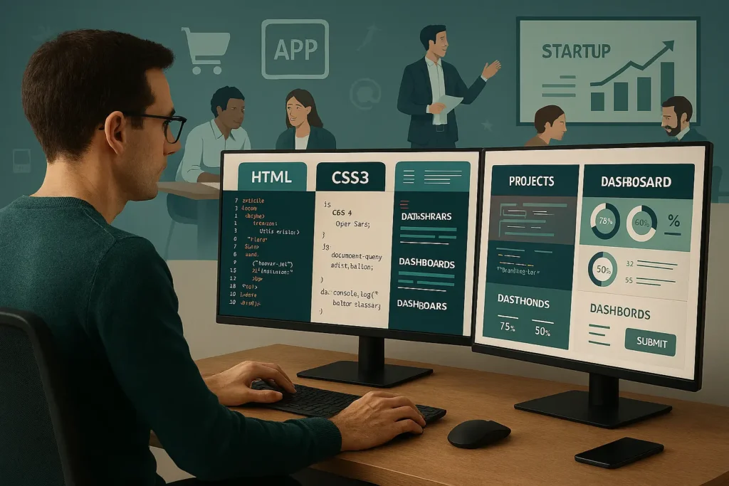  مطور ويب يعمل على شاشات تعرض HTML وCSS ولوحات تحكم لمشاريع، توضح أساسيات تطوير الويب الحديثة.