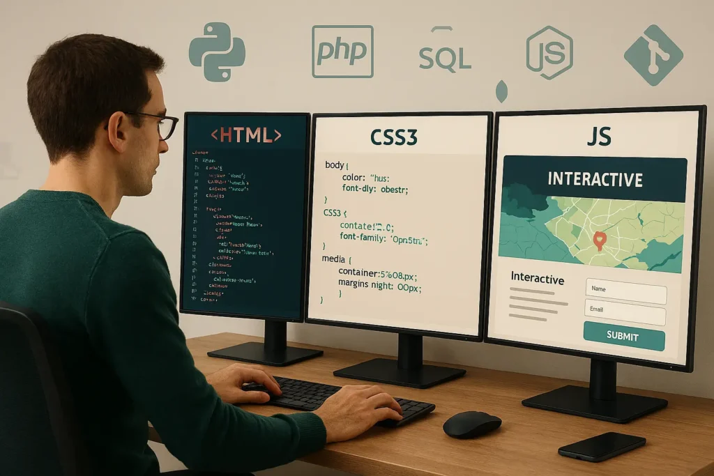 مطور ويب يعمل على HTML وCSS3 وJavaScript عبر ثلاث شاشات لبرمجة وتصميم مواقع ويب تفاعلية وحديثة 