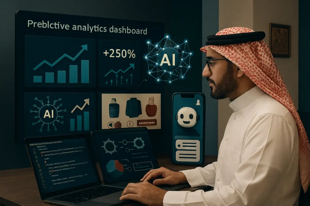 صورة توضح خدمات تطوير المواقع المدعومة بالذكاء الاصطناعي في السعودية، تشمل منصات التجارة الإلكترونية الذكية، أنظمة إدارة المحتوى الذكية، وتطبيقات ويب مخصصة بدمج الذكاء الاصطناعي لتعزيز أداء الأعمال.