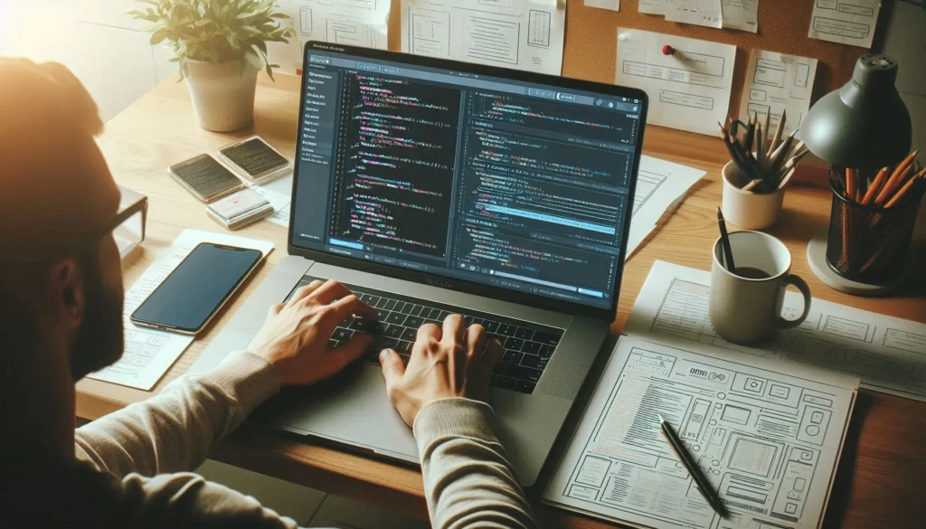 مطور ويب يقوم بالترميز على كمبيوتر محمول باستخدام HTML وCSS وJavaScript، ويعرض تخطيط موقع ويب مستجيبًا - مثالي لمحتوى تحسين محركات البحث حول تطوير المواقع.