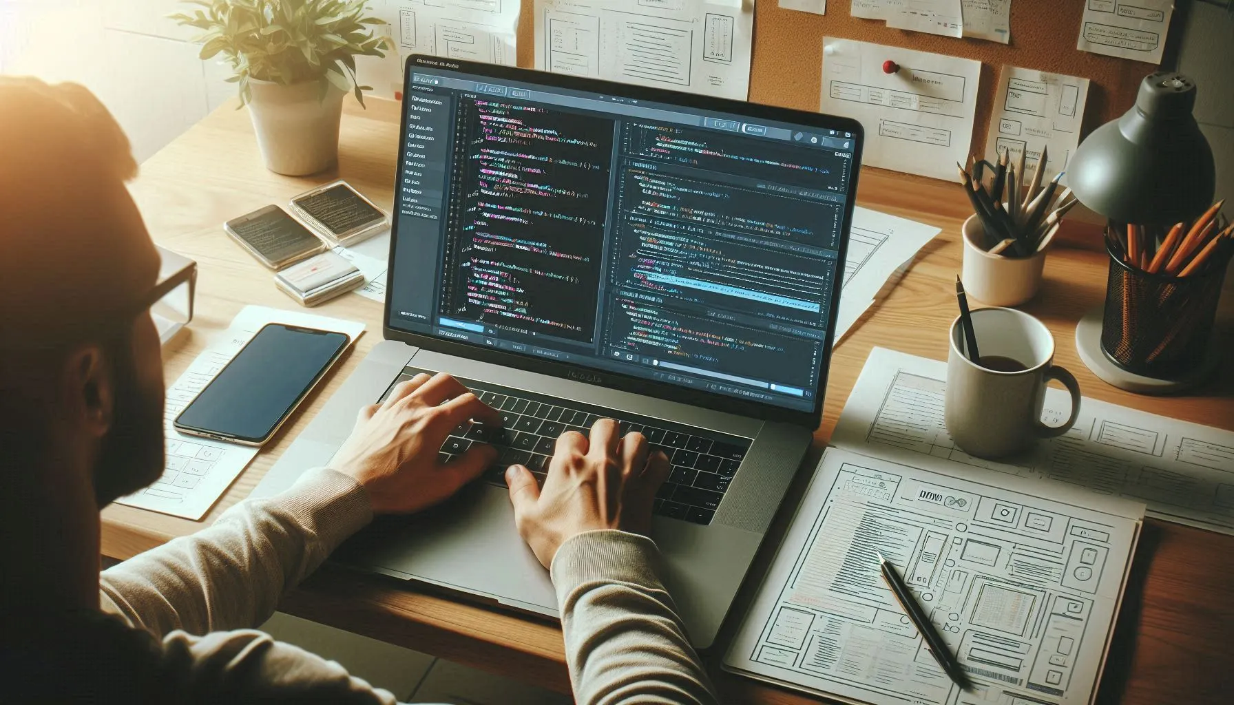 مطور ويب يقوم بالترميز على كمبيوتر محمول باستخدام HTML وCSS وJavaScript، ويعرض تخطيط موقع ويب مستجيبًا - مثالي لمحتوى تحسين محركات البحث حول تطوير المواقع.