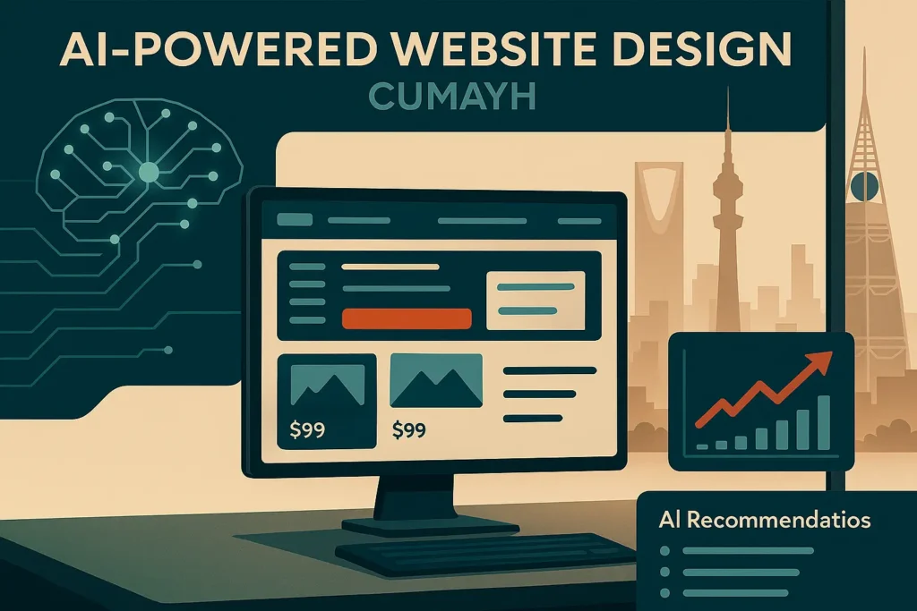شركة تصميم مواقع إلكترونية في الرياض مدعومة بالذكاء الاصطناعي، بواجهة تفاعلية، وأفق مدينة الرياض، ورسوم بيانية لنمو الأعمال، وعناصر لتجربة مستخدم مخصصة.