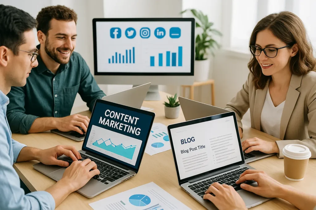 يعمل فريق التسويق الرقمي على استراتيجية تسويق المحتوى مع التحليلات ومحتوى المدونة على أجهزة الكمبيوتر المحمولة.