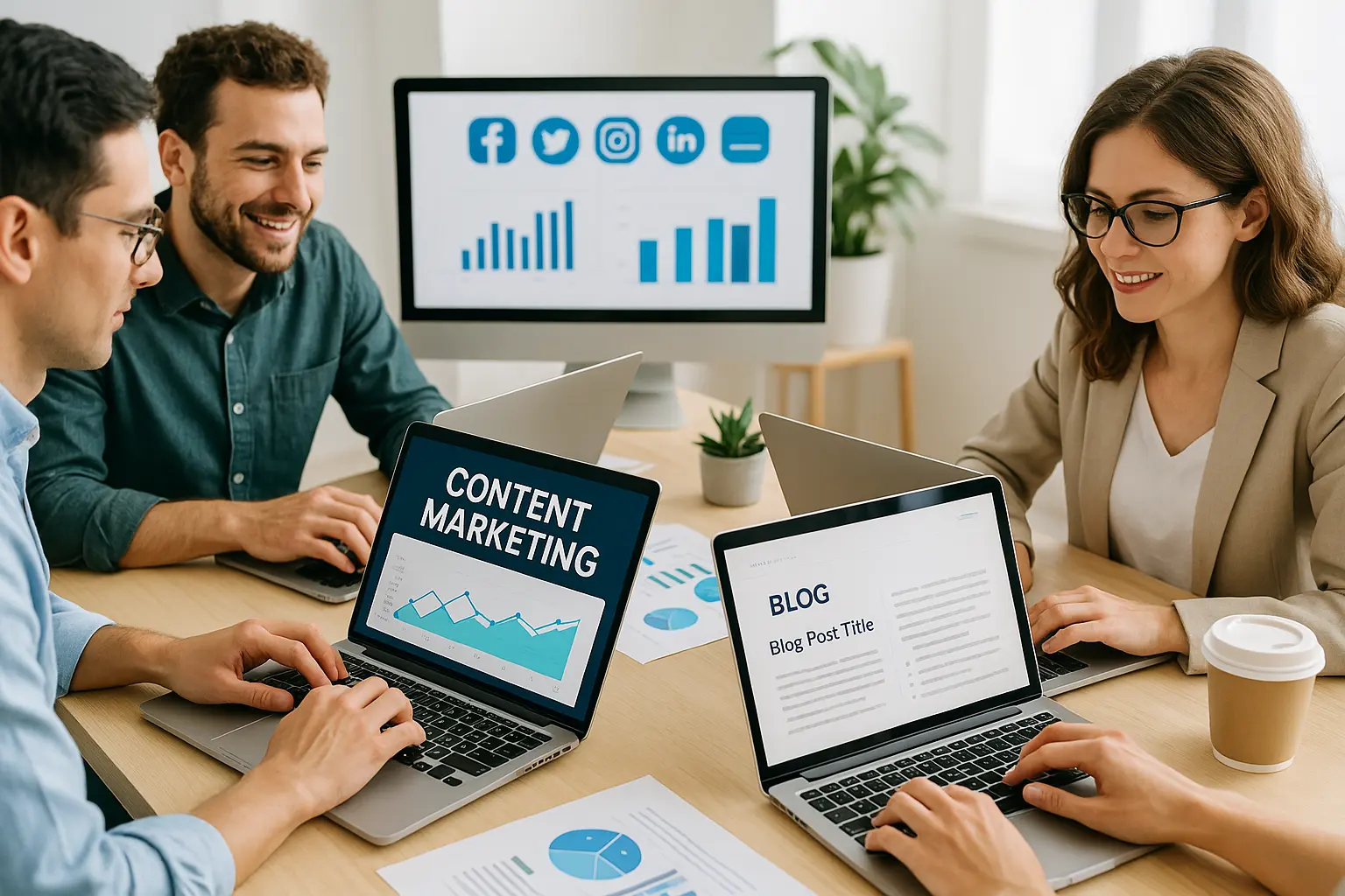 يعمل فريق التسويق الرقمي على استراتيجية تسويق المحتوى مع التحليلات ومحتوى المدونة على أجهزة الكمبيوتر المحمولة.