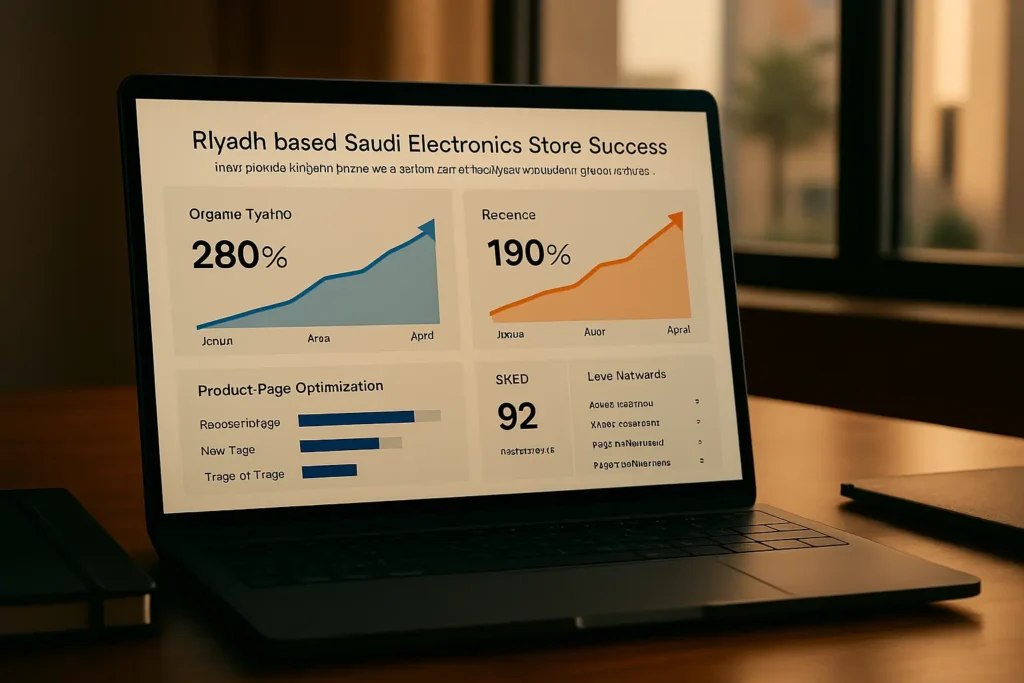  قصة نجاح متجر إلكتروني سعودي في الرياض يضاعف أرباحه بعد تحسين السيو مع رسوم بيانية لزيادة الزيارات العضوي والإيرادات عبر استراتيجيات SEO شاملة.