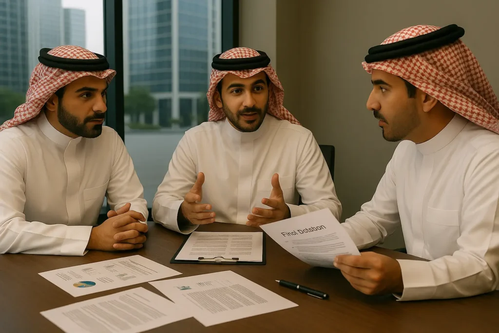  فريق سعودي يناقش المعايير النهائية لاختيار شركة تصوير احترافية داخل مكتب حديث مع مستندات وجداول مقارنة على الطاولة.