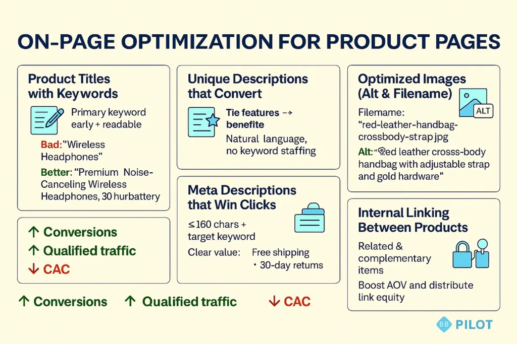 Marketing SEO infographic on on-page optimization: product titles, unique descriptions, image alt, SEO-friendly URLs/breadcrumbs, meta tags, internal links.