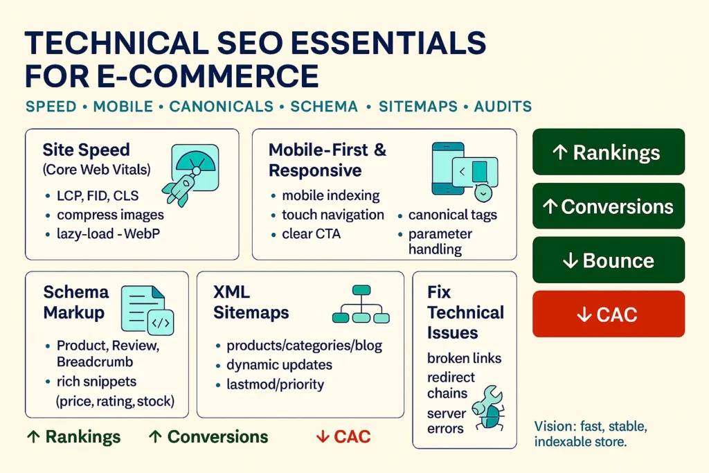Infographic of Technical SEO for e-commerce: speed/Core Web Vitals, mobile-first, canonicals, schema, XML sitemaps, fixes to boost conversions and reduce CAC.