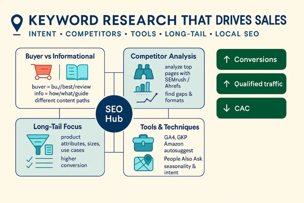 Infographic on Marketing SEO for e-commerce: buyer vs informational intent, competitor analysis, tools, long-tail and local keywords to boost conversions.