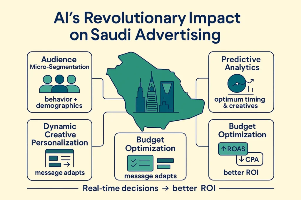 Infographic: AI transforming Media Buying in Saudi Arabia—micro-segmentation, predictive analytics, programmatic RTB, dynamic creative, budget optimization.