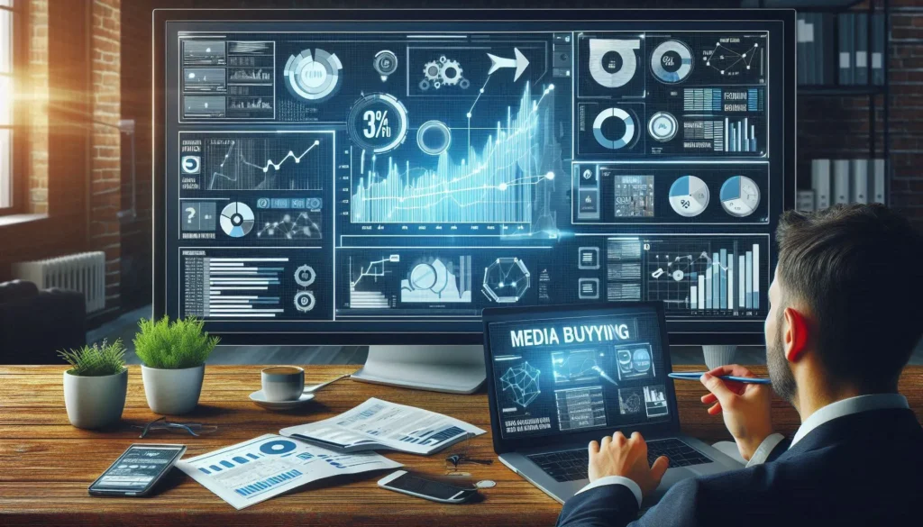 مسوق رقمي يقوم بتحليل أداء حملات إعلانية ومواضع الإعلانات على شاشة الكمبيوتر باستخدام المخططات البيانية وبيانات الحملة - وهو مرئي مثالي لمحتوى تحسين محركات البحث حول شراء الوسائط.