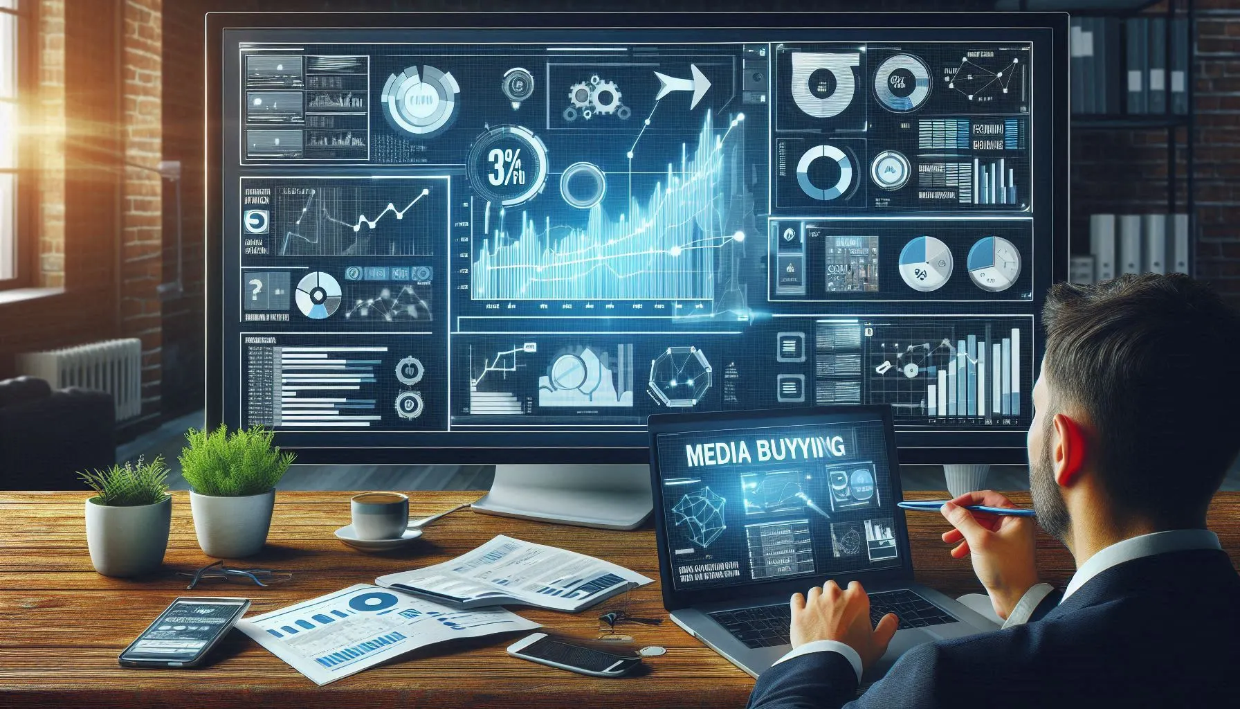 مسوق رقمي يقوم بتحليل أداء حملات إعلانية ومواضع الإعلانات على شاشة الكمبيوتر باستخدام المخططات البيانية وبيانات الحملة - وهو مرئي مثالي لمحتوى تحسين محركات البحث حول شراء الوسائط.