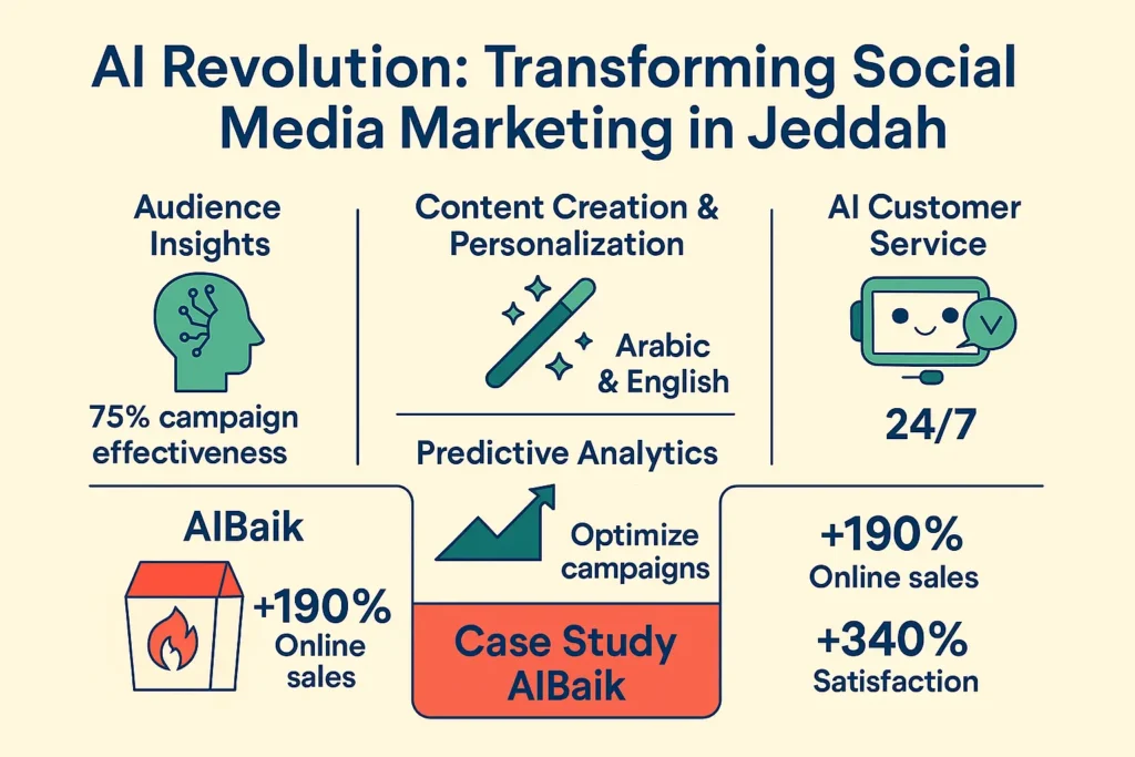  Infographic on social media marketing in Jeddah with AI: audience insights, bilingual content, 24/7 chat, predictive analytics, and AlBaik case gains.
