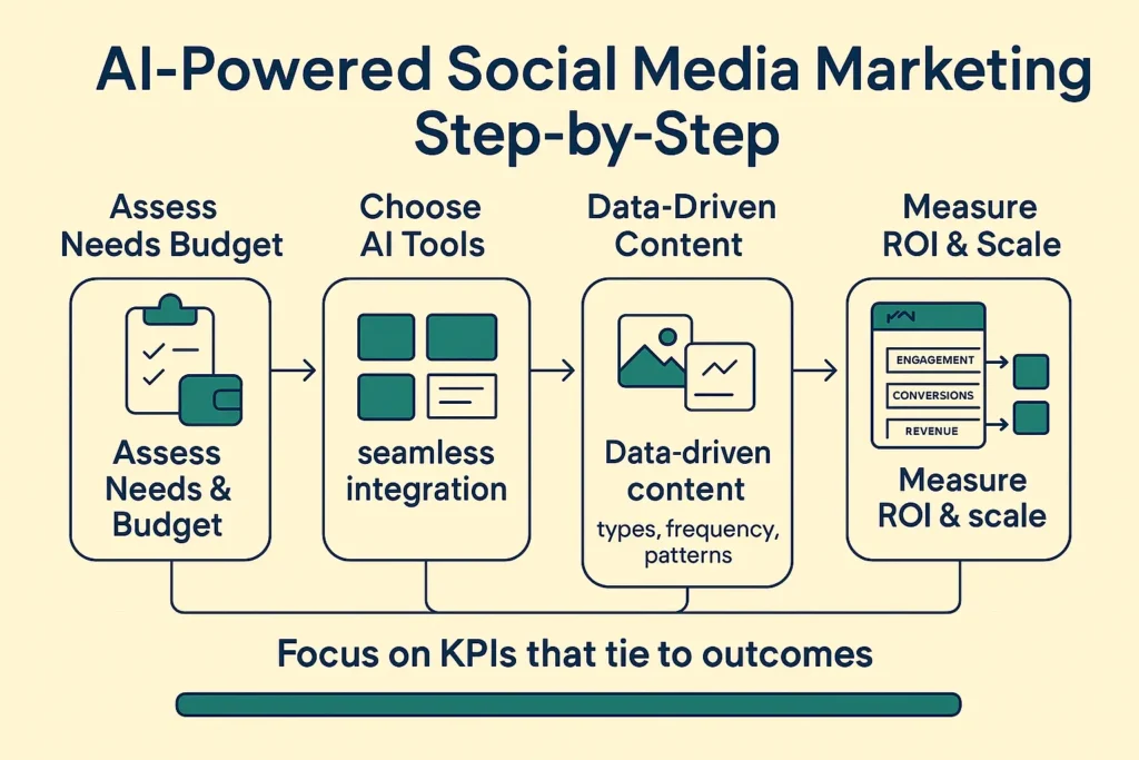  Step-by-step infographic on AI-powered social media marketing in Jeddah: assess needs, choose tools, data-driven content, measure ROI, and scale.