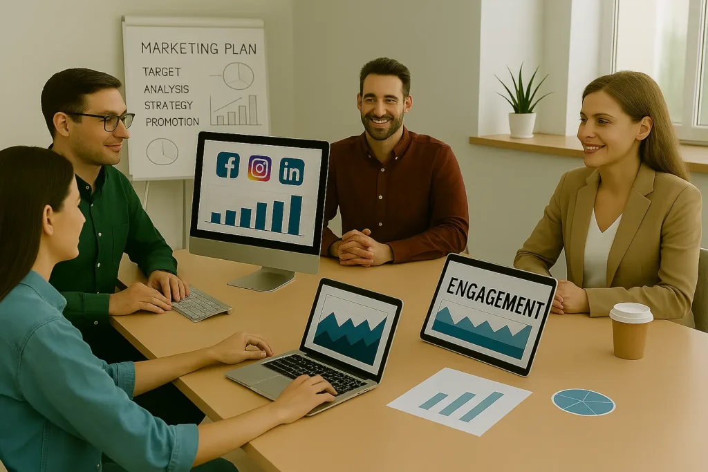 فريق تسويق يناقش التسويق عبر وسائل التواصل الاجتماعي في جدة؛ شاشات تعرض شعارات فيسبوك وإنستغرام ولينكدإن ورسوم نمو التفاعل والمبيعات بدعم الذكاء الاصطناعي.