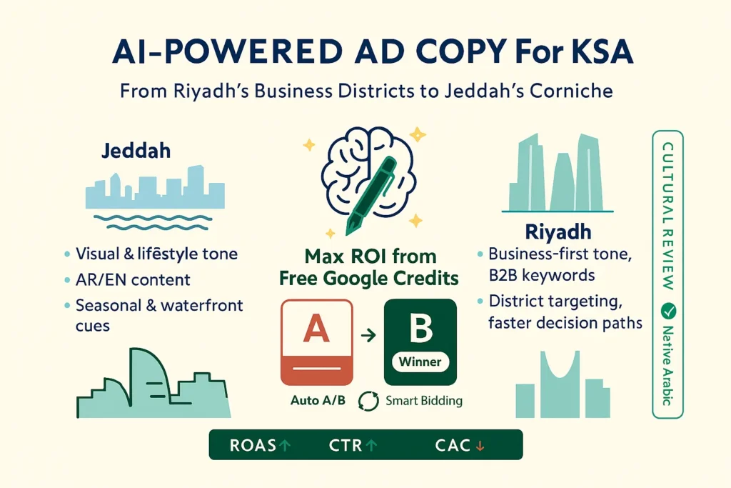 Infographic on using Free Google Ads with AI in Riyadh and Jeddah—local tactics, smart bidding, A/B tests; ROI and CTR up, CAC down.