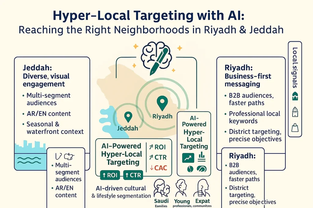 Infographic on AI hyper-local targeting in Riyadh & Jeddah with Free Google Ads: geofence rings, city pins, ROI↑, CTR↑, CAC↓, Jeddah visual, Riyadh business.
