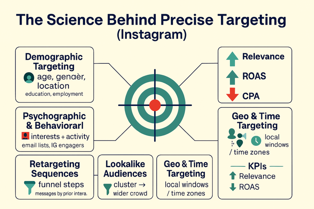 Infographic on Instagram Ads precise targeting: demographics, interests/behavior, custom & lookalike audiences, retargeting, geo/time targeting, KPI gains.