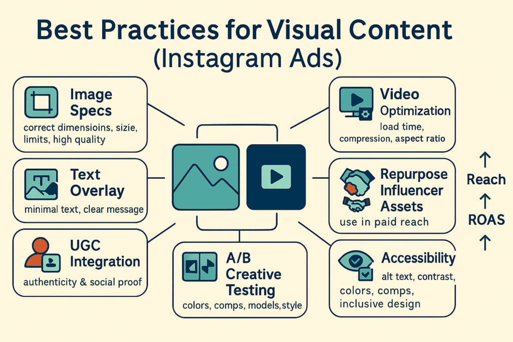 Infographic: Instagram Ads visual best practices—image specs, video optimization, minimal text overlays, UGC, influencer assets, A/B tests, accessibility.