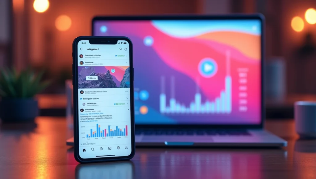 هاتف ذكي يعرض إعلانات انستقرام مع تفاصيل التفاعل، وخلفه لابتوب يظهر تحليلات الأداء في مشهد يعكس استراتيجيات التسويق الرقمي.