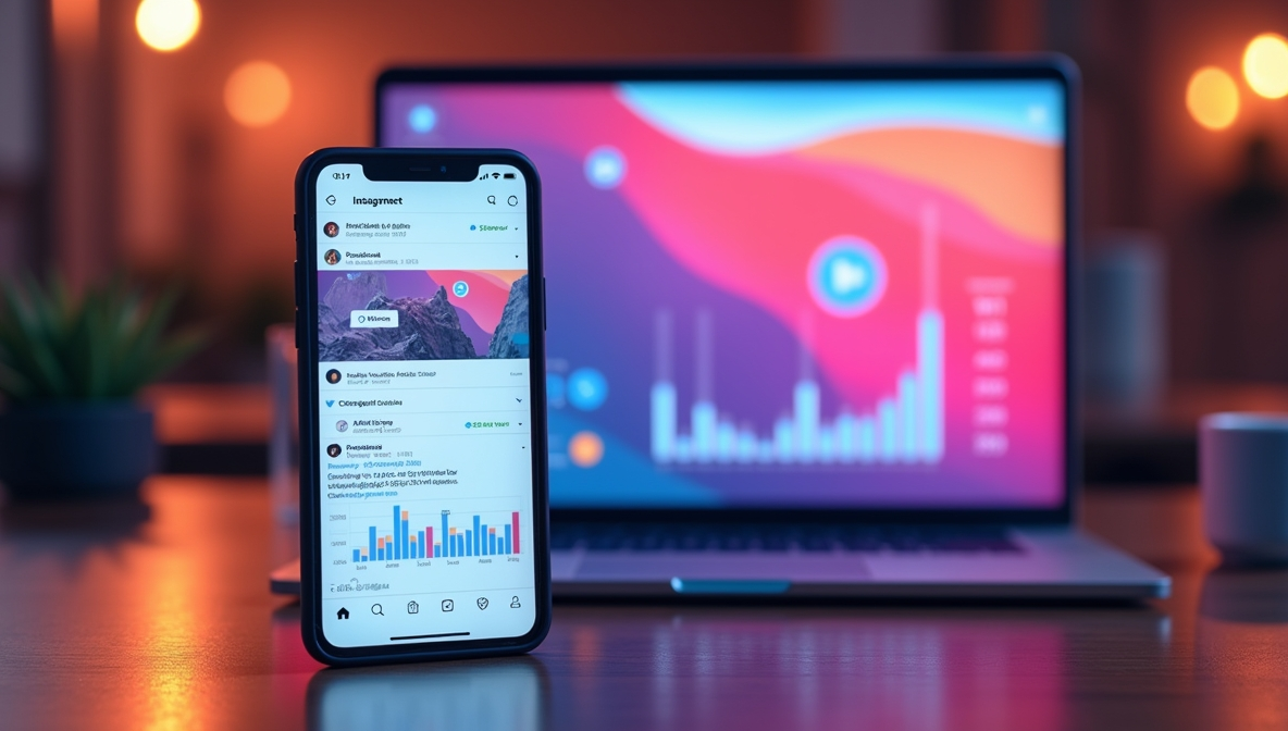 هاتف ذكي يعرض إعلانات انستقرام مع تفاصيل التفاعل، وخلفه لابتوب يظهر تحليلات الأداء في مشهد يعكس استراتيجيات التسويق الرقمي.