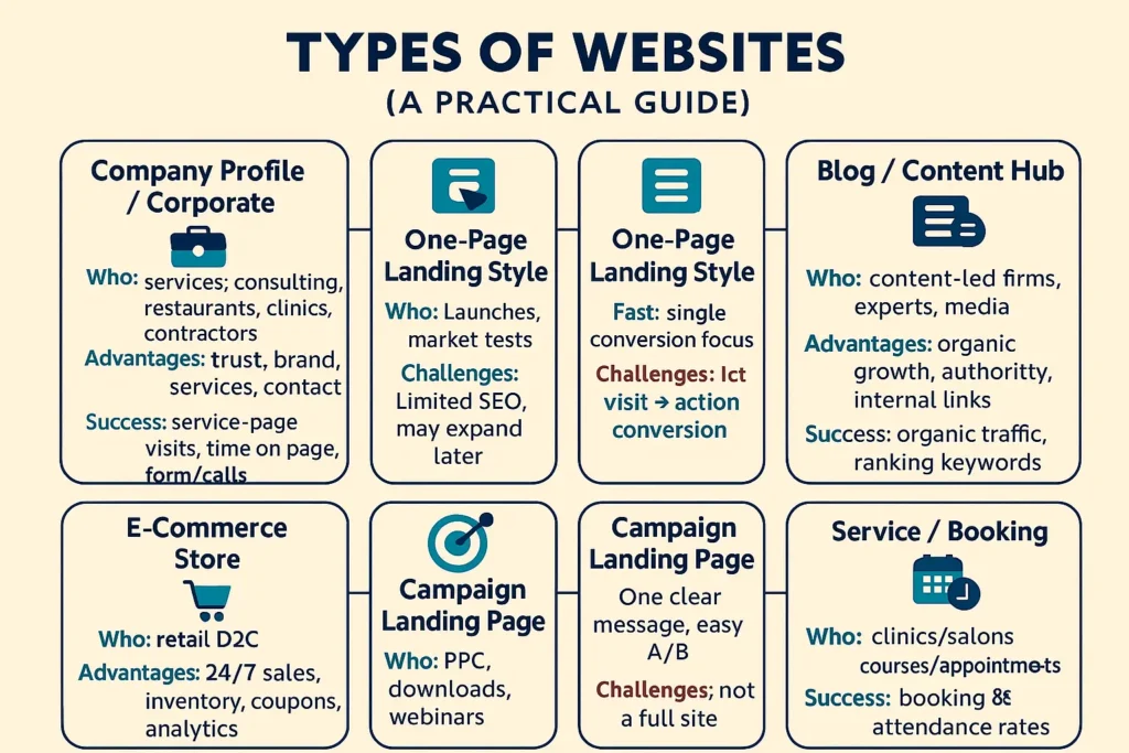  Infographic of Types of Websites—company profile, one-page, blog, e-commerce, campaign landing, service/booking—with who, pros, and challenges.