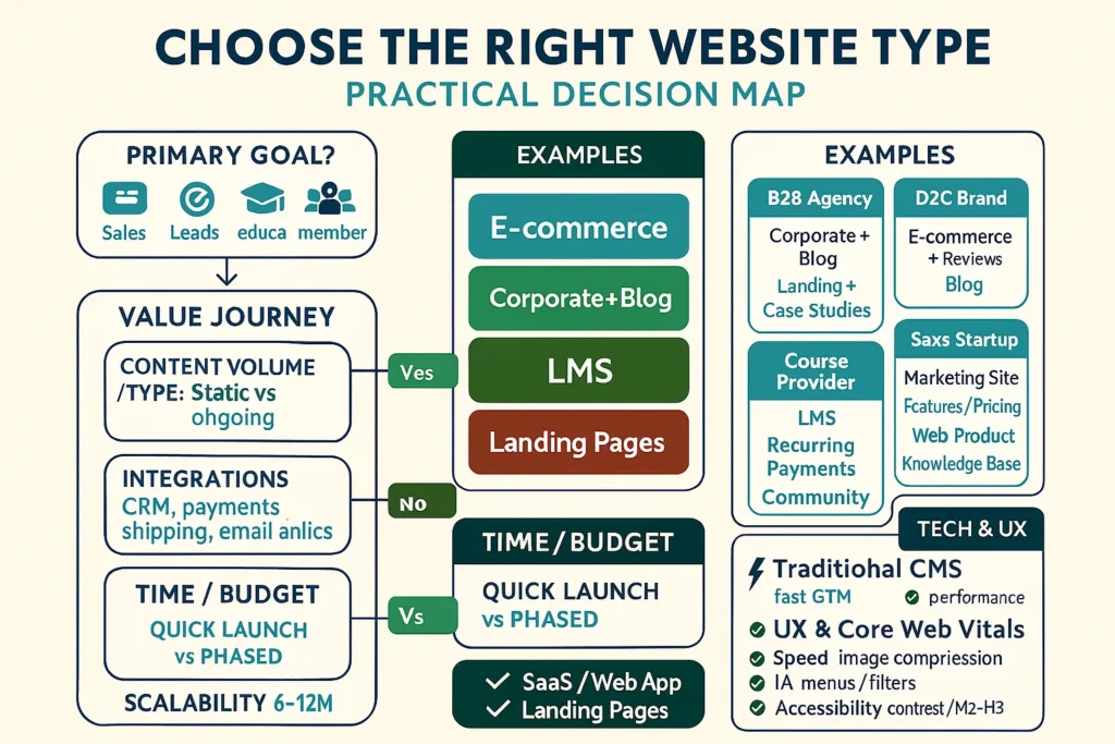  Infographic decision map for Types of Websites: goals, content, integrations, budget, scalability; examples—e-commerce, corporate +blog, LMS, landing pages.