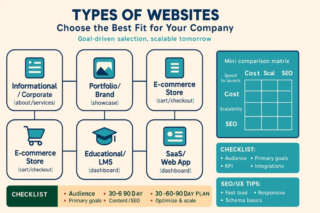 Infographic comparing Types of Websites—informational, portfolio, e-commerce, LMS, SaaS—with a checklist, comparison matrix, and 30-60-90 plan.