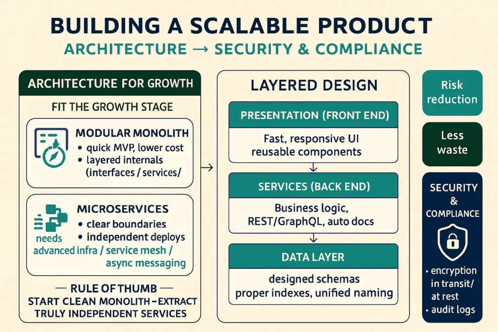  Infographic by a Software Company: scalable product from architecture to security—modular monolith vs microservices, layered design, and compliance.