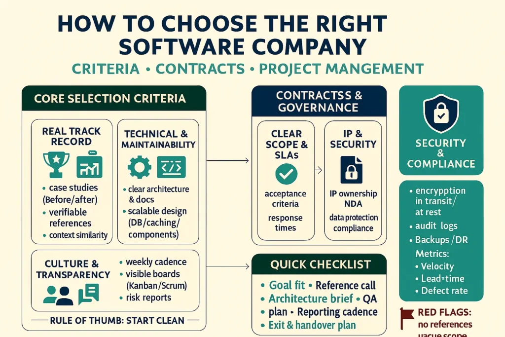 Infographic shows how to choose a Software Company: track record, technical depth, clear scope & SLAs, IP/security, and transparent, metrics-driven delivery. 