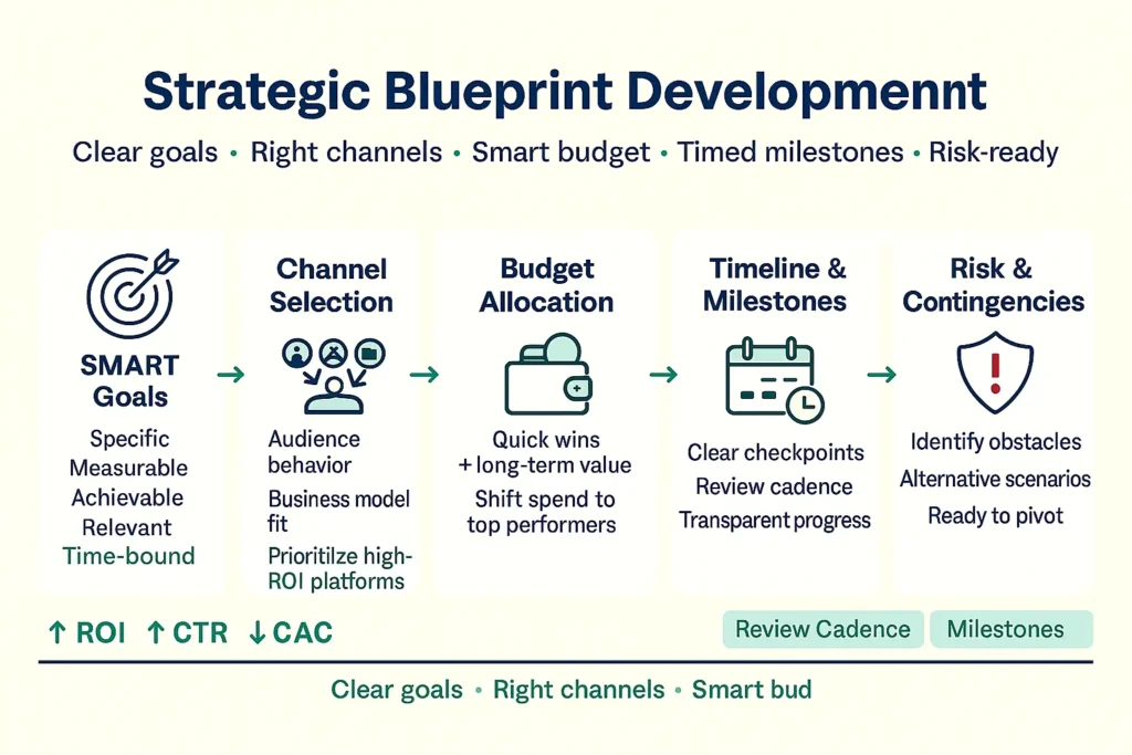 مخطط استراتيجي للتسويق الرقمي يوضح أهداف SMART، اختيار القنوات، تخصيص الميزانية، الجدول الزمني، وإدارة المخاطر.
