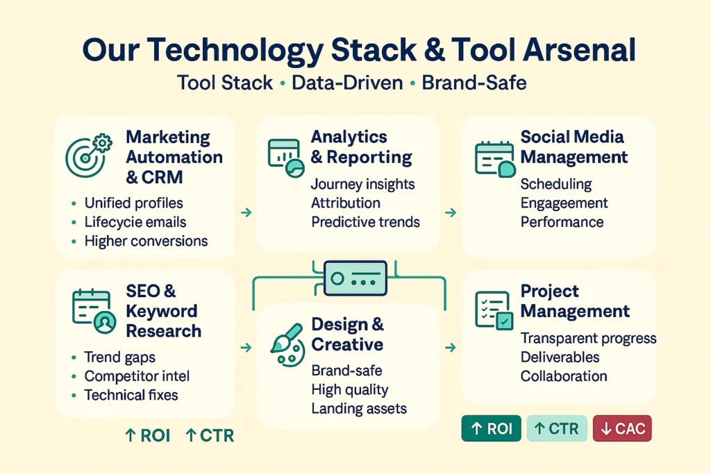 إنفوجرافيك يوضح حزمة تقنياتنا: أتمتة وتسويق عبر CRM، تحليلات وتقارير، إدارة السوشيال، بحث كلمات مفتاحية SEO، تصميم، وإدارة مشاريع.