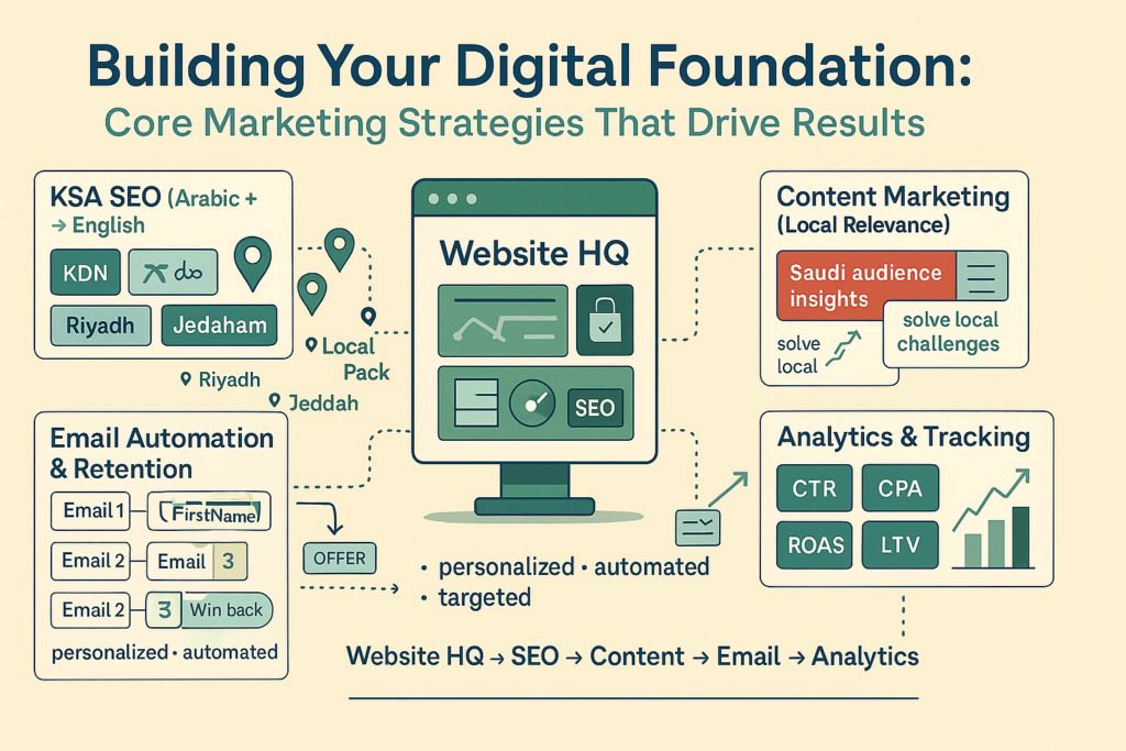 Infographic on Digital Marketing in Saudi Arabia: Website HQ, KSA local SEO (Arabic+English), content, email automation, and analytics/LTV.