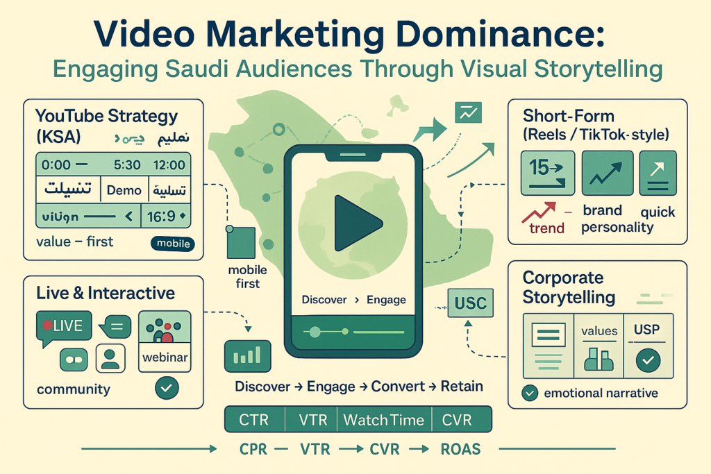 Infographic on Digital Marketing in Saudi Arabia: YouTube strategy, short-form, live streaming, corporate storytelling, and KPI tracking.