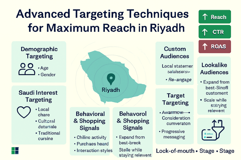 Infographic: Advanced Targeting for Facebook Ads in Riyadh—Saudi map, demographic, interest, behavioral, lookalike & custom audiences, retargeting, KPIs.