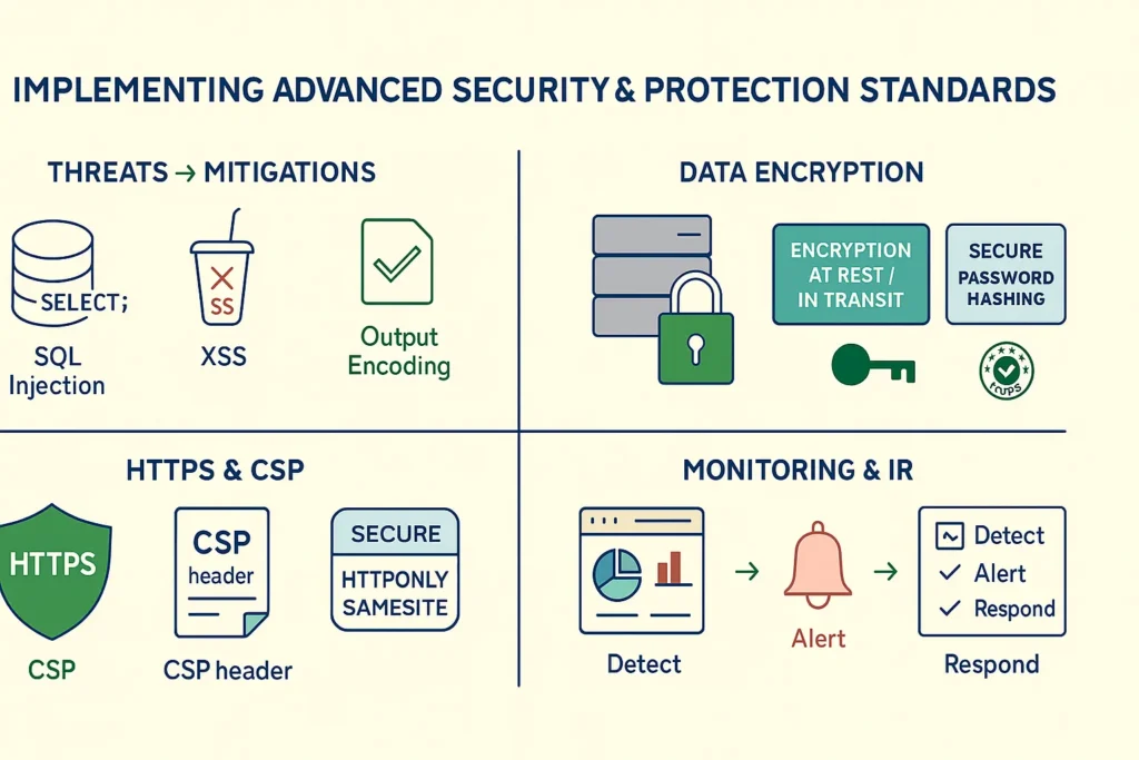 Infographic on website programming security: prevent SQL injection and XSS, use output encoding, HTTPS/CSP, data encryption, and monitoring/incident response.