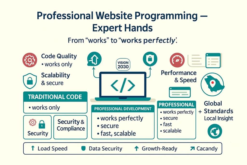 Infographic on professional website programming: code quality, security, scalability, performance—from “works” to “works perfectly” in the Saudi context.