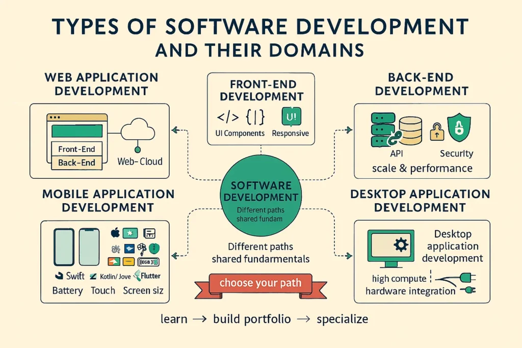 Infographic: Types of Software Development—web apps, front-end, back-end, mobile, and desktop—shown in a hub-and-spoke diagram with key focus areas.