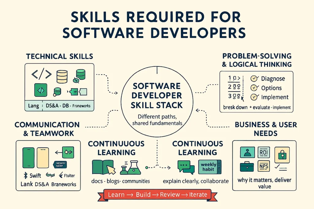 Infographic of Software Development skills: technical skills, problem-solving, continuous learning, communication & teamwork, business, and user focus.