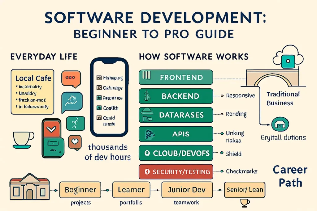 إنفوجراف تطوير البرمجيات: أمثلة حياتية، المكدس الأساسي (Frontend, Backend, DB, APIs, DevOps, Security/Testing)، ومسار الوظيفة من مبتدئ لخبير.