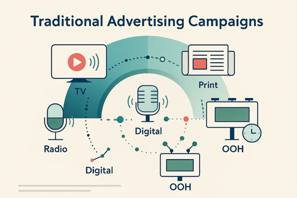 Infographic of traditional advertising campaigns—TV, radio, print, and OOH—linked by digital signals and timing icons to show cross-channel synergy.