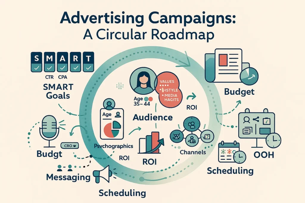 Infographic circular roadmap for advertising campaigns: SMART goals, audience research, budget, channels, core messaging, scheduling, and ROI.