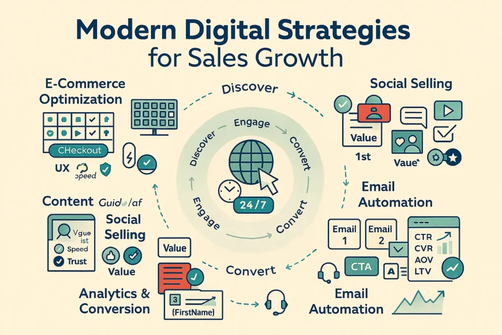 Infographic of modern digital strategies to Increase Sales: e-commerce UX, social selling, content marketing, email automation, analytics, and ROI.