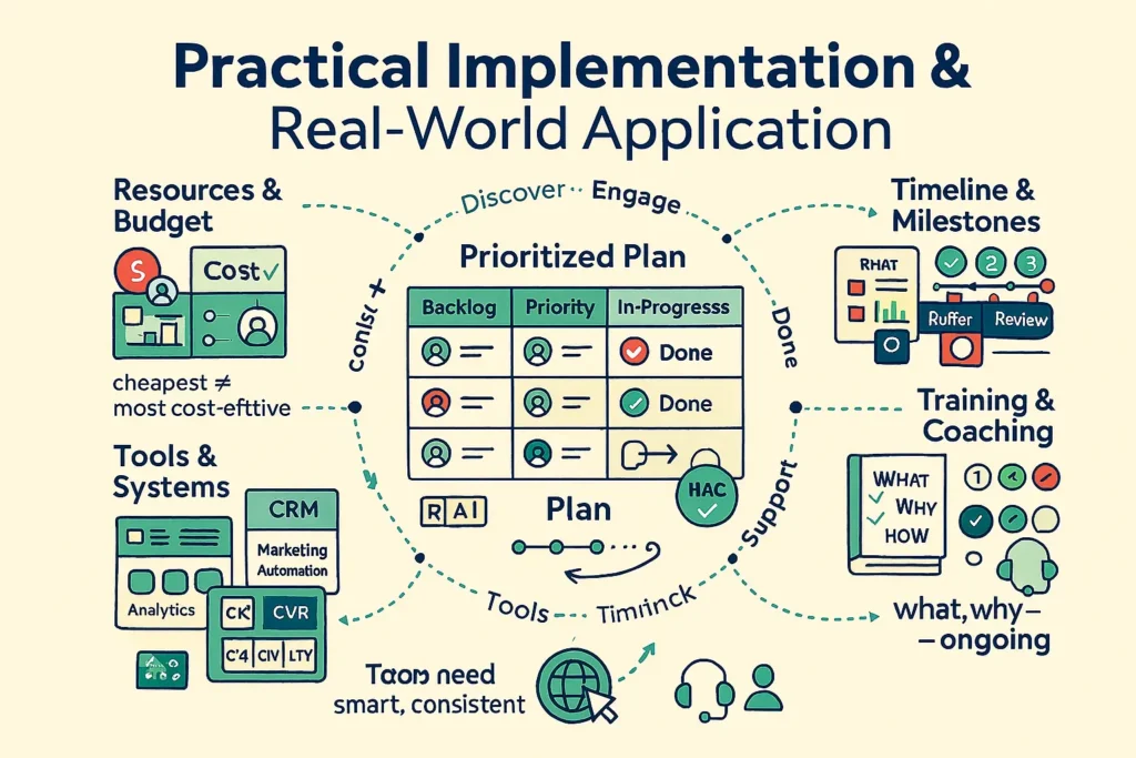 Infographic: practical implementation to Increase Sales—prioritized plan, resources & budget, timeline milestones, tools/CRM, training/coaching, feedback loop.